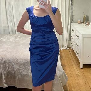 Blue Party Cocktail Midi Dress Open Neck